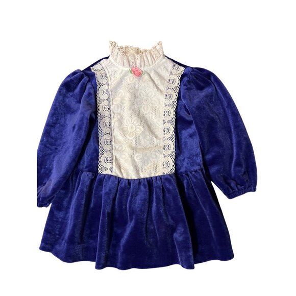 Vintage Toddler Girls 4T Blue Velvet Lace Dress Long Sleeve Party Holiday Used - Picture 11 of 16